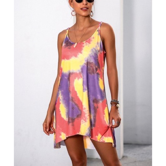 💖HOST PICK💖NWT Lemon Yellow & Red Tie-Dye Sleeveless Dress, Sz. S - Picture 2 of 6